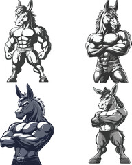 Fototapeta premium An Athletic Muscular Donkey Mascot Standing Proudly With A Strong Pose Detailed Scales vector style on white background