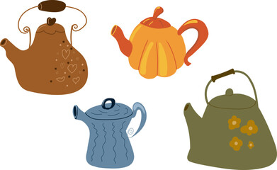 Collection of four isolated colorful vector teapots and kettles in autumn and cozy designs. Perfect for tea-themed projects, kitchen decor, and beverage illustrations.