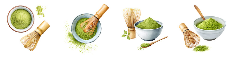 Watercolor Matcha Tea Set with Whisk and Bowl on White