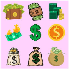 Bundle of money dollars. Gold coins and green dollar banknotes, 3D pile of flat money cash. Vector set of currency stack for prosperity business, investment and buy different goods