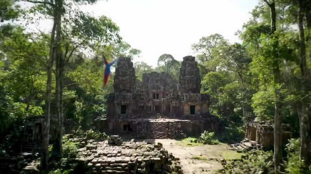 Ancient stone temple partially covered by jungle vegetation, with soft morning mist and moss-covered ruins