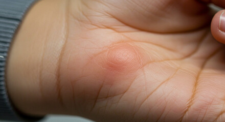 Fototapeta premium Close-up of hand with blister on palm showing skin texture 