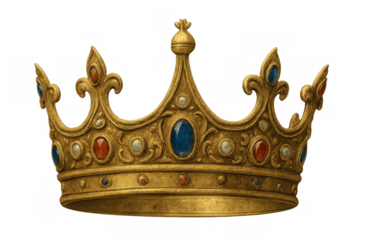Golden crown sparkling with vibrant jewels, symbolizing regal power and monarchical leadership against transparent backdrop