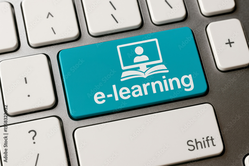 Fototapete Teal e learning key on a computer keyboard e-learning technology