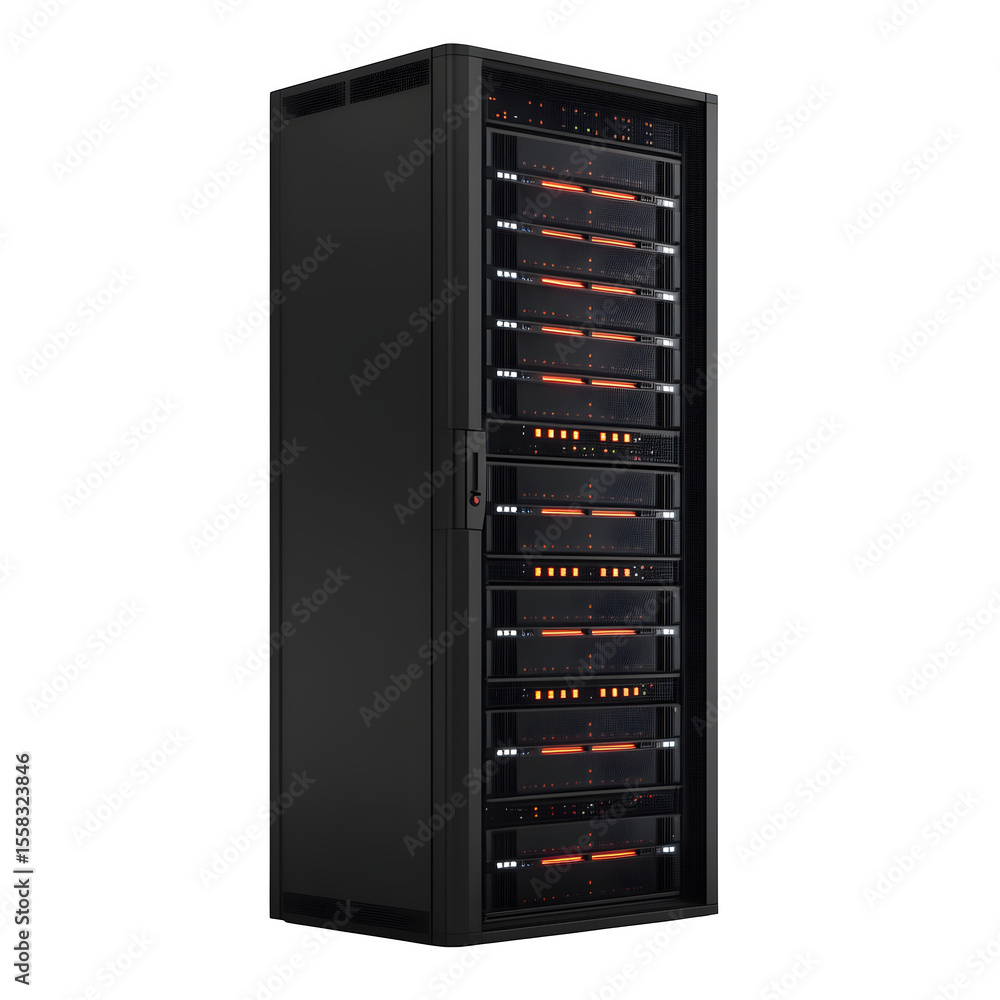 Poster hyper realistic isometric server rack matte black led indicators, isolated pure white background sub