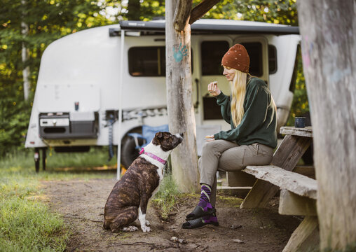 Woman eats breakfast at campsite with eager hungry dog looking