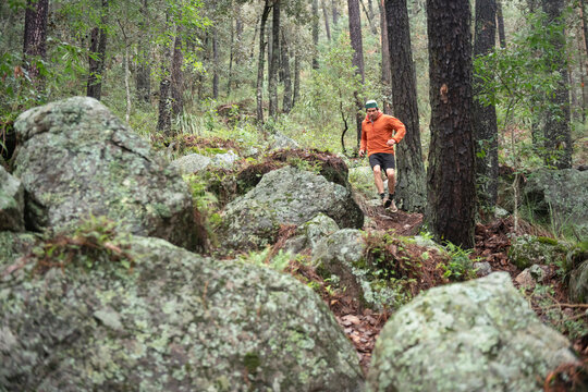 One man running down a trail on a forest with big rocks
