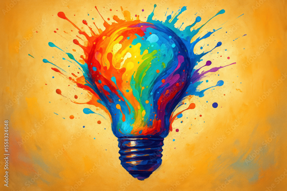 Poster vibrant rainbow paint splashes exploding from a lightbulb image