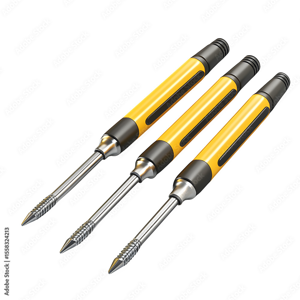Poster hyper realistic set screwdrivers perfect side profile view isolated, pure white background subtle so