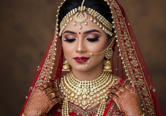 Obraz premium Beautiful indian bride adorned in traditional red attire and exquisite gold jewelry