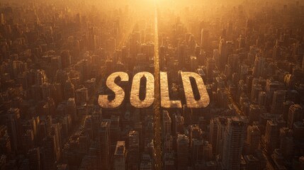  Cinematic 'SOLD' text over a sprawling city skyline at sunrise, symbolizing a major real estate deal or acquisition