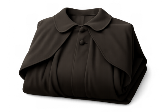 Folded black cloak or cape with buttons and collar isolated on transparent background, perfect for mystery, fantasy, or historical projects