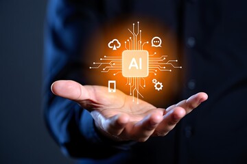 Man holding glowing ai chip with connected icons representing technology and data