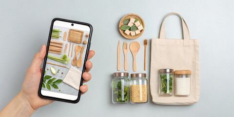 A Phone Displayed with Fresh Eco Products on a Light Grey Background for Promotions