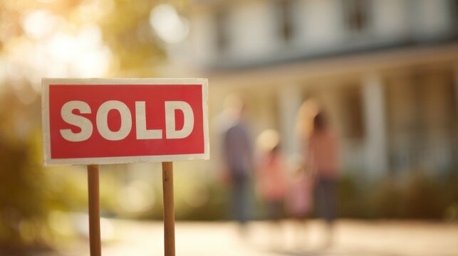 Real estate 'Sold' sign with a happy family standing in front of their new suburban home - Powered by Adobe