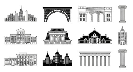 Architectural Icons: Black and White Vector Collection