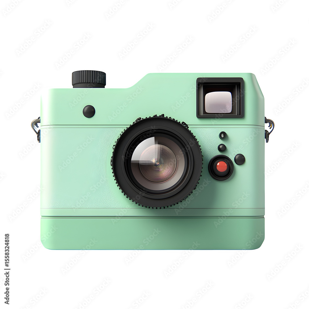 Poster hyper realistic instant camera mint green body large viewfinder, isolated pure white background subt