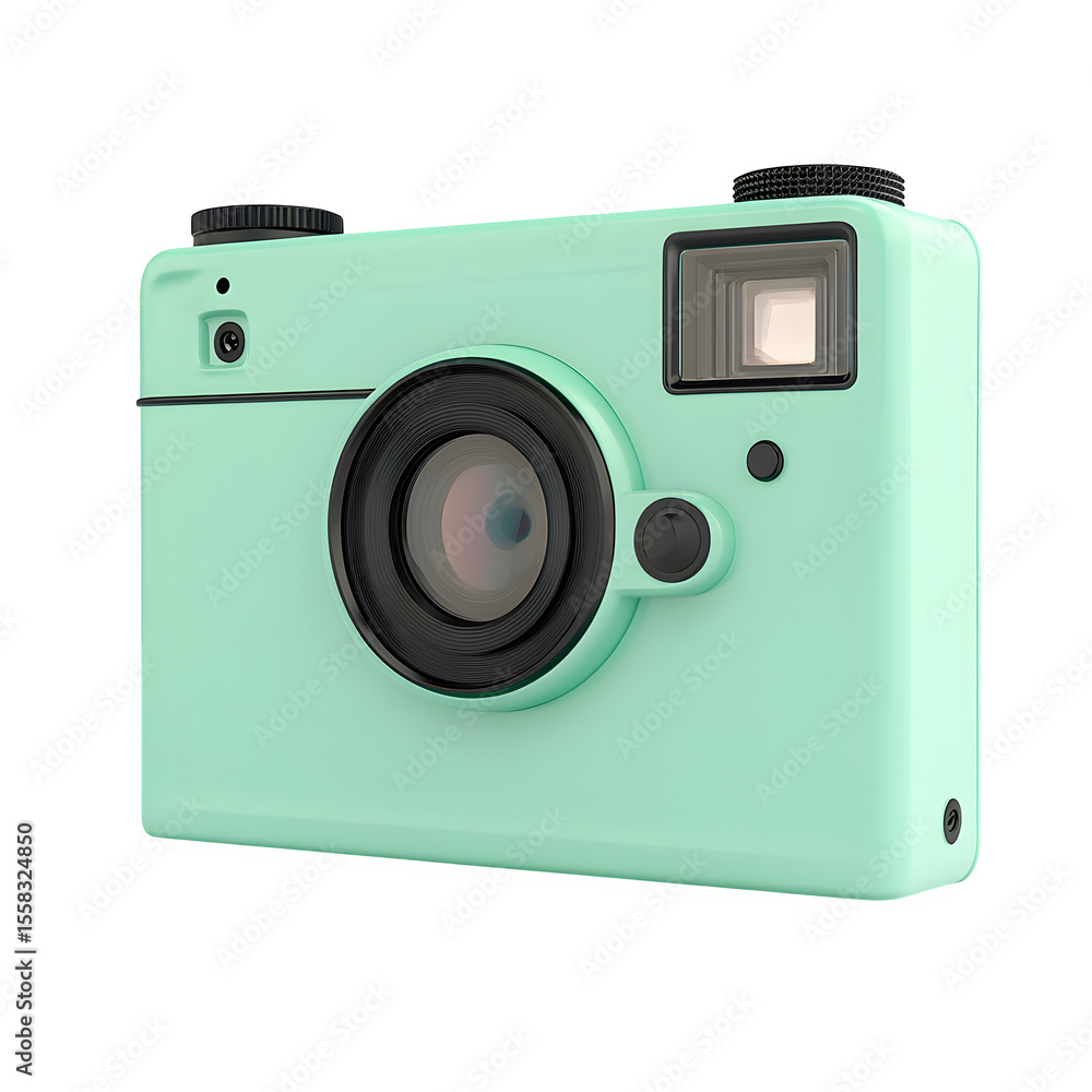 Poster hyper realistic instant camera mint green body large viewfinder, isolated pure white background subt