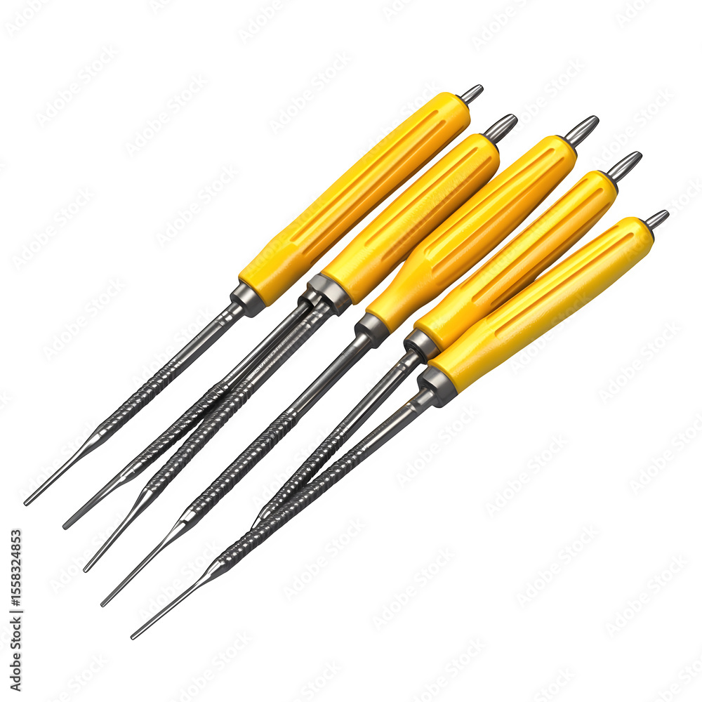 Poster hyper realistic set screwdrivers arranged fan shape isolated pure, white background subtle soft shad