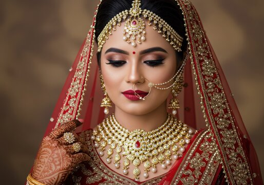 Beautiful indian bride adorned in traditional red and gold wedding attire