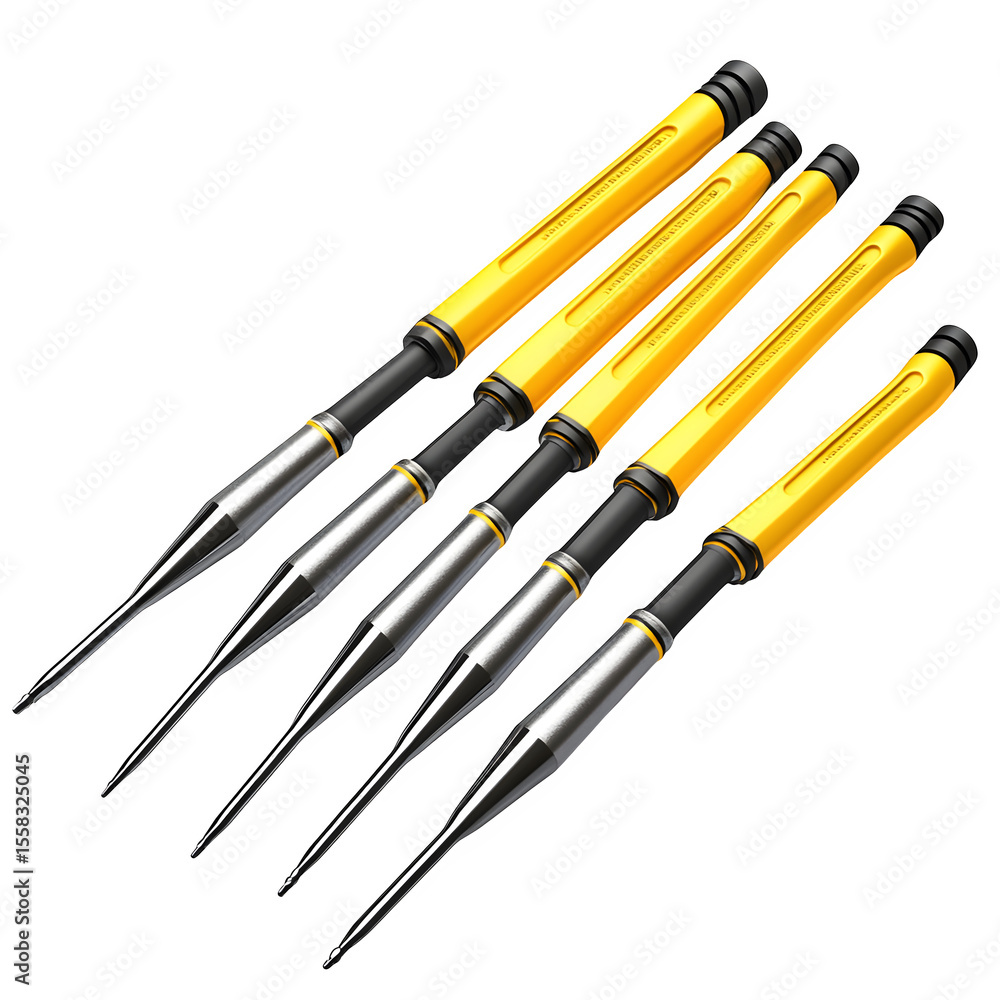 Poster hyper realistic set screwdrivers arranged fan shape isolated pure, white background subtle soft shad