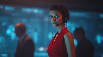 Female intelligence analyst working in a cinematic, high-tech surveillance control room