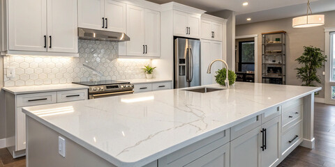A Quartz Mock-Up Empty Countertop Set in a Kitchen Environment for Design