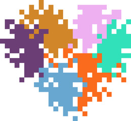 Cœur stylisé composé de formes pixelisées multicolores violet, orange, rose, turquoise, bleu clair imbriquées