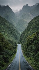 This breathtaking landscape captures the winding road that cuts through lush green mountains, presenting a serene and tranquil escape into nature's beauty and the allure of adventure.