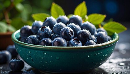Fresh blueberries in a teal bowl