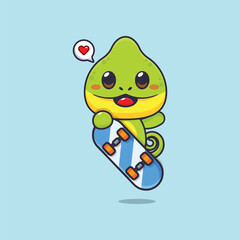 Cute chameleon mascot cartoon character illustration with skateboard