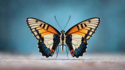 Close-up of a vibrant butterfly, wings spread wide, showcasing intricate patterns of orange, cream, and navy blue.  Soft, muted teal backdrop