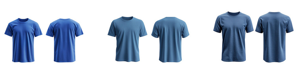 A collection of male blue t-shirt mockups, front and back view, isolated on a transparent background