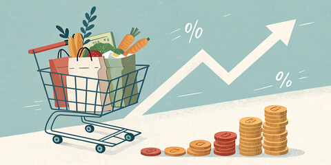 A Shopping Basket with a Rising Arrow and Falling Money Representing Economic Growth