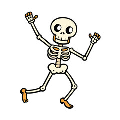 Joyful skeleton dancing with arms raised in celebration on a clean white background