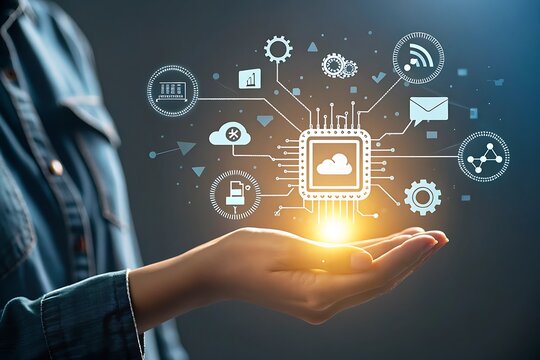 Hand holding glowing digital network with cloud computing and data icons symbolizing technology