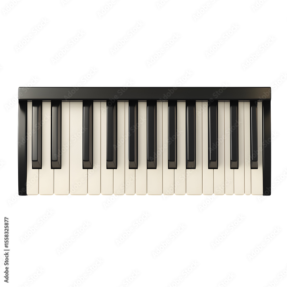 Poster hyper realistic segment piano keyboard ivory vintage keys isolated, pure white background subtle sof