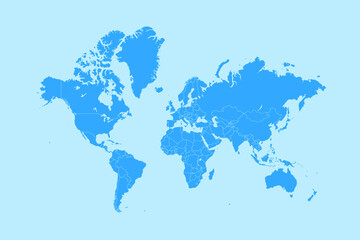 Blue Political blank World Map with country borders vector illustration. Flat colored, editable and layered Neatly.