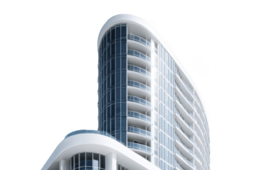 Modern, curved, high-rise building with glass balconies