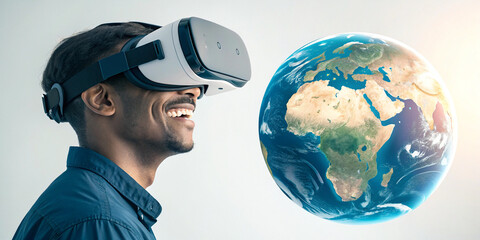 A Smiling Man in VR Glasses with an Earth Sphere Hologram for Immersive Experiences