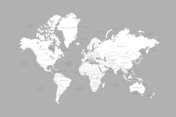 White world map on grey background. High detail political map with country names. Vector Illustration. 