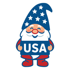 Cartoon gnome wearing a usa themed hat and holding a sign with usa written on it smiling
