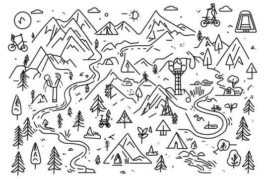 Camping map showcasing summer activities in a mountainous environment with trails, rivers, and tents for outdoor enthusiasts