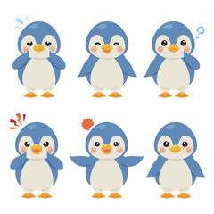 青いペンギンのキャラクターイラスト　表情セット