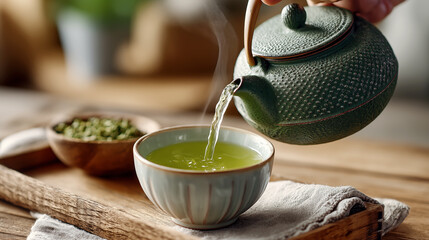 Pouring green tea from teapot into bowl on wooden table