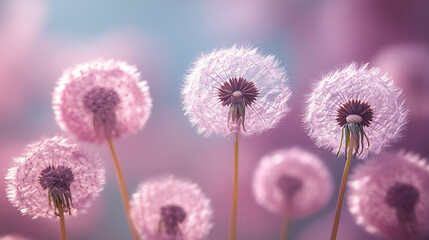 airborne white dandelion seeds on smooth pastel light background 