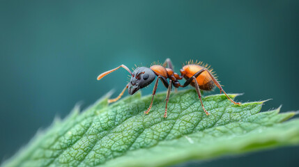 Close-up of an ant on a vibrant green leaf