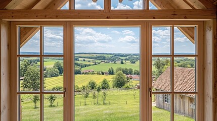 Fototapeta premium Panoramic countryside view seen through a large wooden window, showcasing rolling hills, fields, and distant houses under a partly cloudy sky