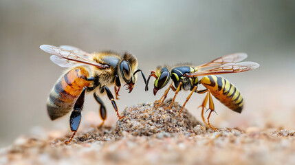 Close-up of bee and wasp facing each other