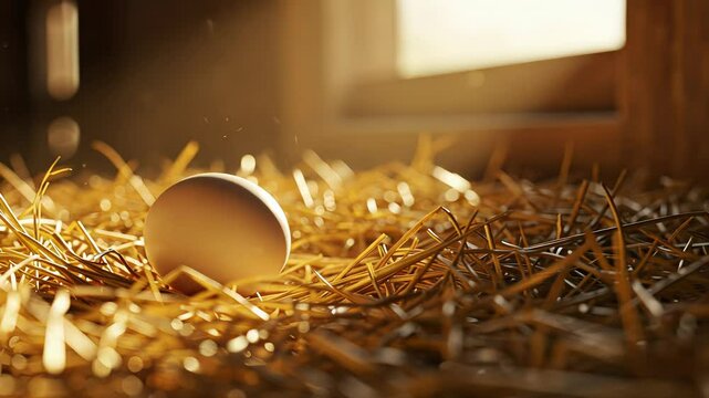 Farm fresh egg in hay nest. Single chicken egg on straw with natural light. Organic farming and easter concept, footage.